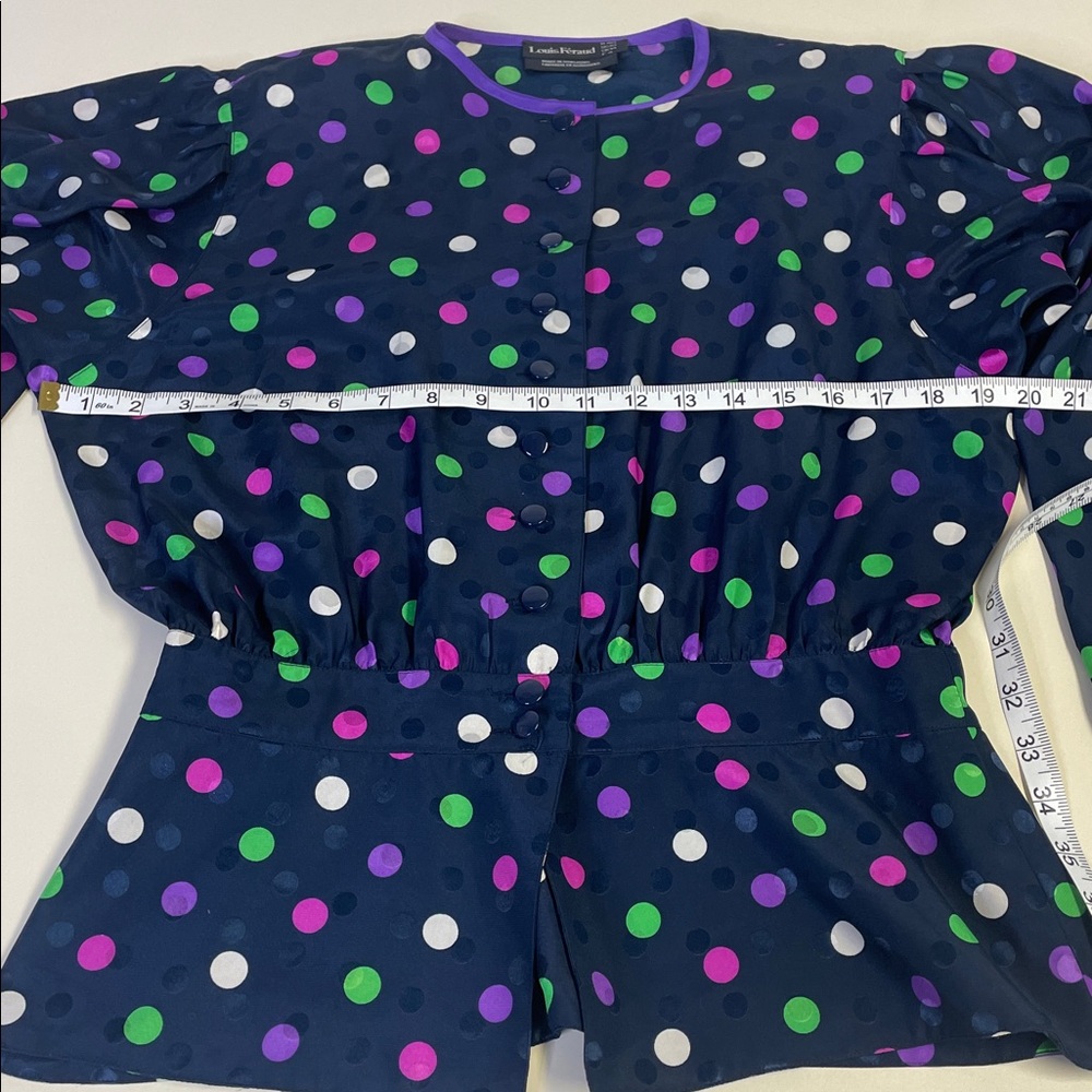 Louis Feraud Navy Pink Green Polka Dot Blouse - Sz M - Picture 6 of 9